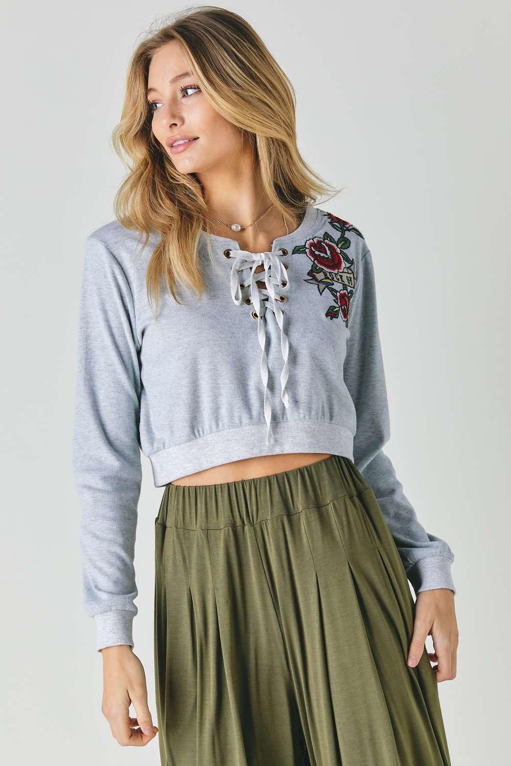 Floral Embroidered Cropped Sweatshirt | Mixtshop LLC