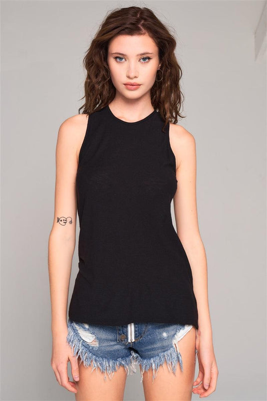 Sleeveless Crew Neck Cut-out Back Detail Longline Top | Mixtshop LLC