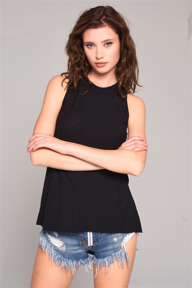 Sleeveless Crew Neck Cut-out Back Detail Longline Top | Mixtshop LLC