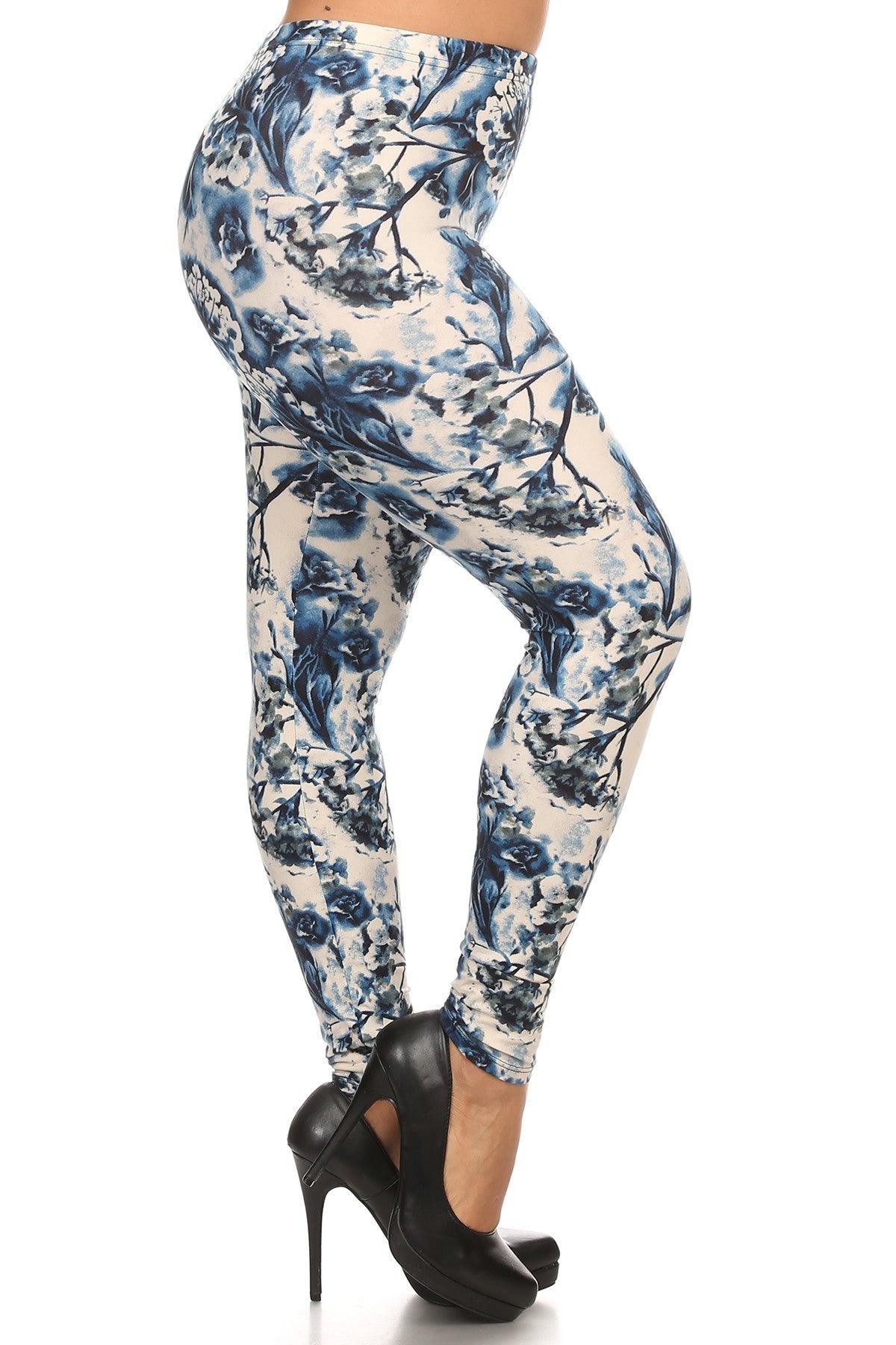 Plus Size Floral Print, Full Length Leggings In A Slim Fitting Style With A Banded High Waist | Mixtshop LLC