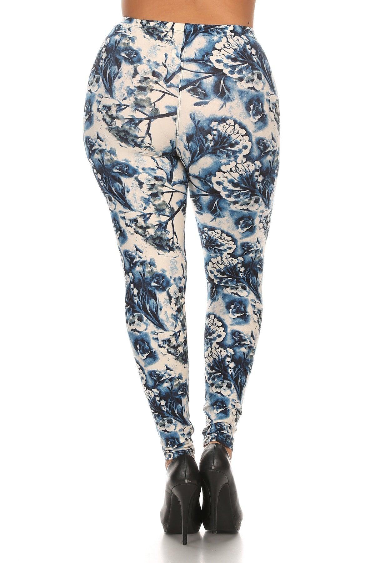 Plus Size Floral Print, Full Length Leggings In A Slim Fitting Style With A Banded High Waist | Mixtshop LLC