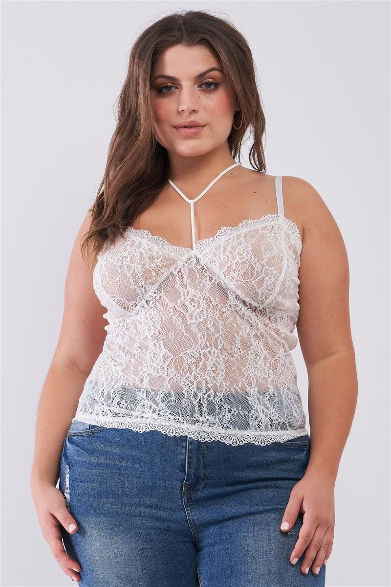 Plus Size Sleeveless Sheer Lace Halter Neck Detail Bustier Top | Mixtshop LLC