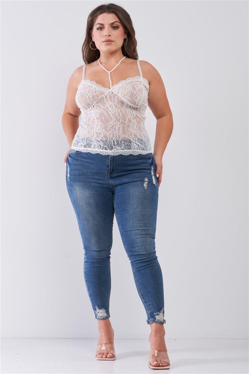 Plus Size Sleeveless Sheer Lace Halter Neck Detail Bustier Top | Mixtshop LLC