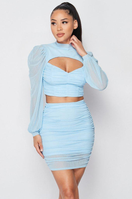 Sexy Sheer Cutout Puff Sleeved Top And Skirt Set | Mixtshop LLC