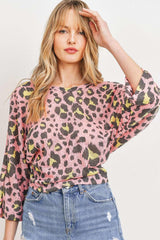 Leopard Knit Back Opened Short Sleeve Top | Mixtshop LLC