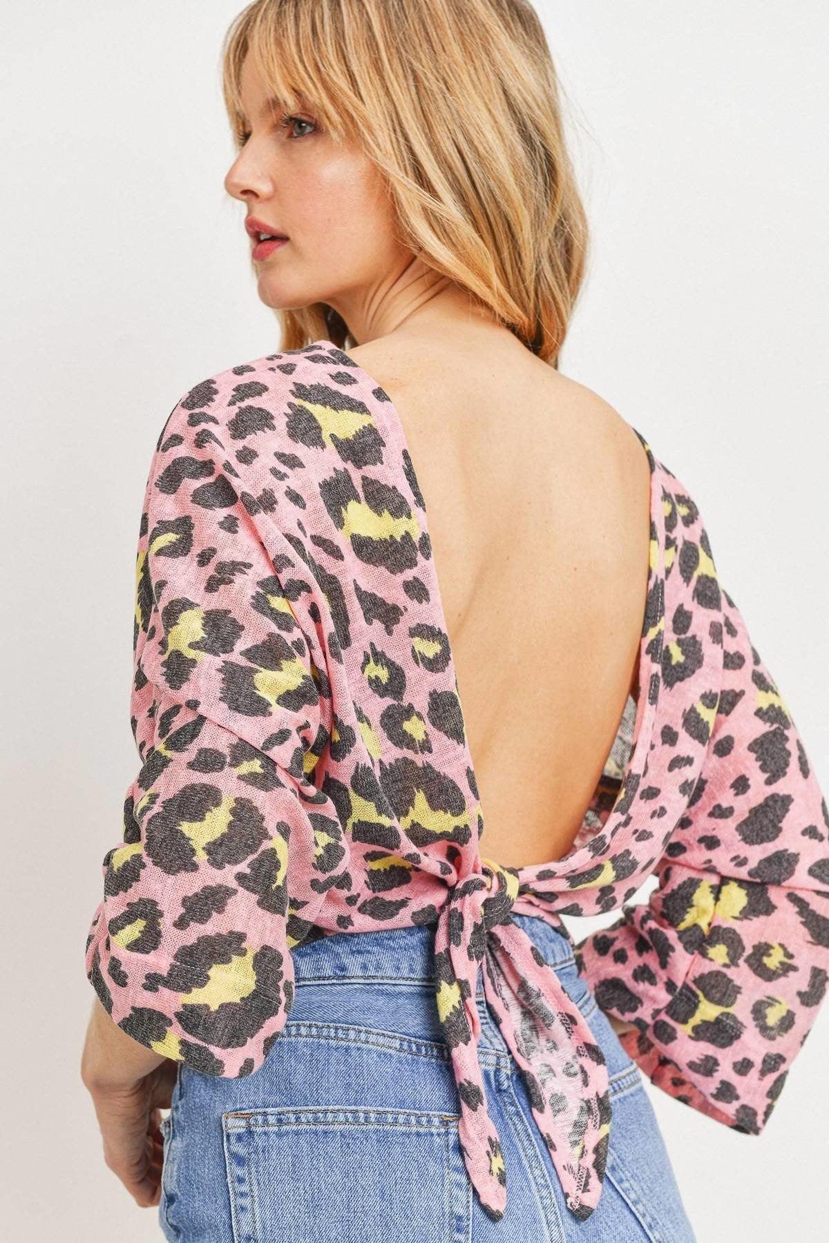 Leopard Knit Back Opened Short Sleeve Top | Mixtshop LLC