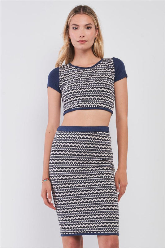 Navy & White Geometrical Pattern Short Sleeve Crop Top & High-waisted Pencil Skirt Two Piece Set | Mixtshop LLC