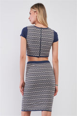 Navy & White Geometrical Pattern Short Sleeve Crop Top & High-waisted Pencil Skirt Two Piece Set | Mixtshop LLC