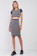 Navy & White Geometrical Pattern Short Sleeve Crop Top & High-waisted Pencil Skirt Two Piece Set | Mixtshop LLC