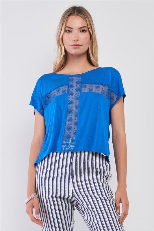 Royal Blue Boat Neck Short Sleeve See-trough Cross Cut-in Detail With Floral Embroidery Top | Mixtshop LLC