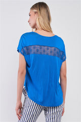 Royal Blue Boat Neck Short Sleeve See-trough Cross Cut-in Detail With Floral Embroidery Top | Mixtshop LLC