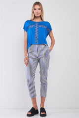 Royal Blue Boat Neck Short Sleeve See-trough Cross Cut-in Detail With Floral Embroidery Top | Mixtshop LLC