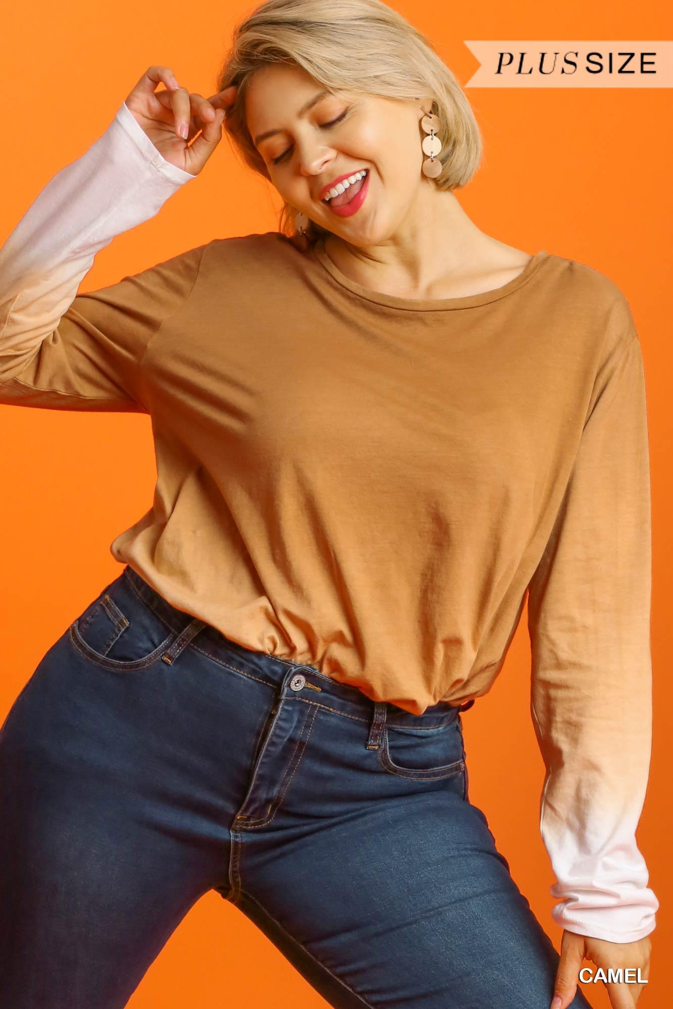 Ombre Print Long Sleeve Top With Gathered Front Detail And Raw Hem | Mixtshop LLC