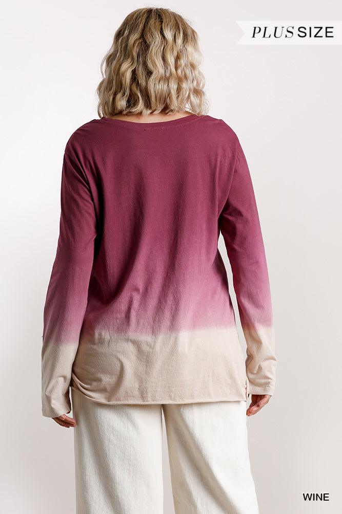 Ombre Print Long Sleeve Top With Gathered Front Detail And Raw Hem | Mixtshop LLC