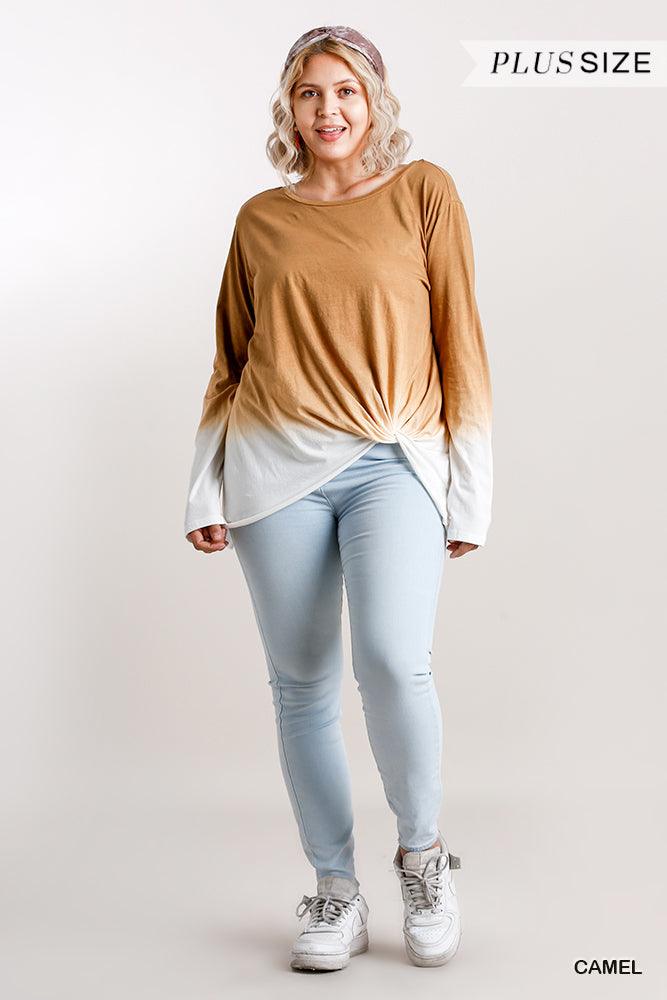 Ombre Print Long Sleeve Top With Gathered Front Detail And Raw Hem | Mixtshop LLC