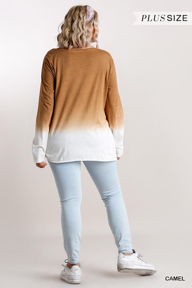 Ombre Print Long Sleeve Top With Gathered Front Detail And Raw Hem | Mixtshop LLC