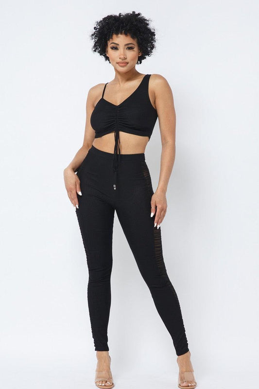 Mesh Strappy Adjustable Ruched Crop Top With Matching See Through Side Panel Leggings | Mixtshop LLC