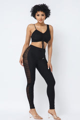 Mesh Strappy Adjustable Ruched Crop Top With Matching See Through Side Panel Leggings | Mixtshop LLC