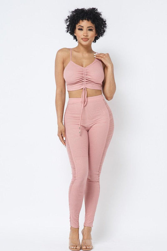 Mesh Strappy Adjustable Ruched Crop Top With Matching See Through Side Panel Leggings | Mixtshop LLC