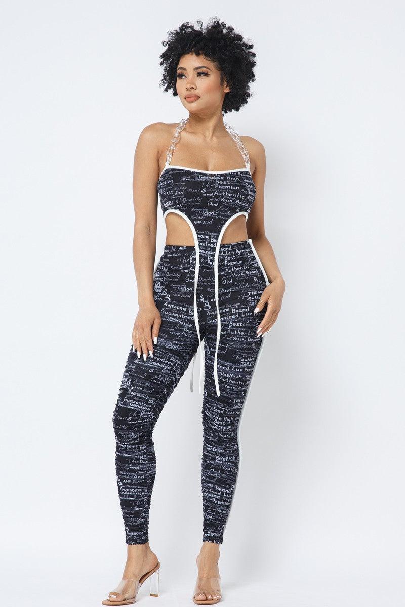 Mesh Print Crop Top With Plastic Chain Halter Neck With Matching Leggings | Mixtshop LLC