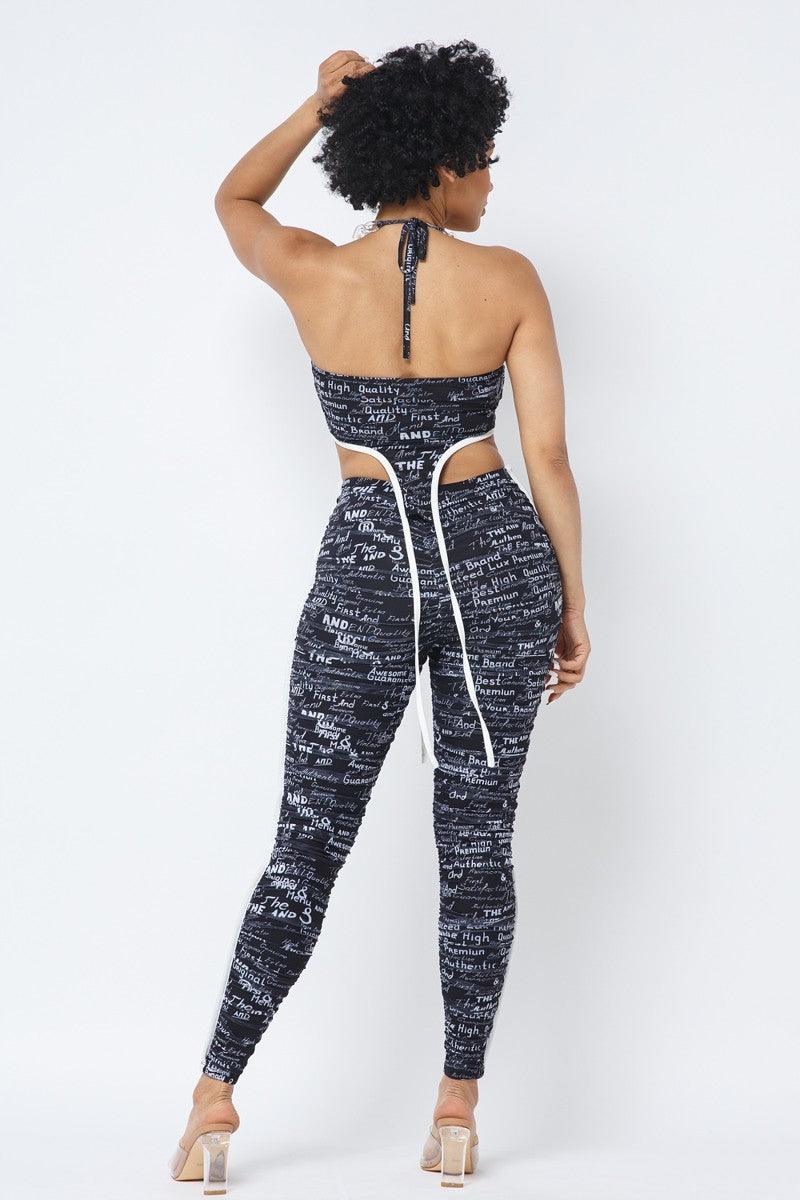 Mesh Print Crop Top With Plastic Chain Halter Neck With Matching Leggings | Mixtshop LLC