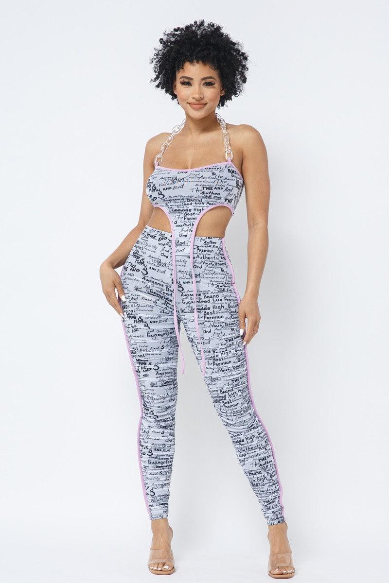 Mesh Print Crop Top With Plastic Chain Halter Neck With Matching Leggings | Mixtshop LLC
