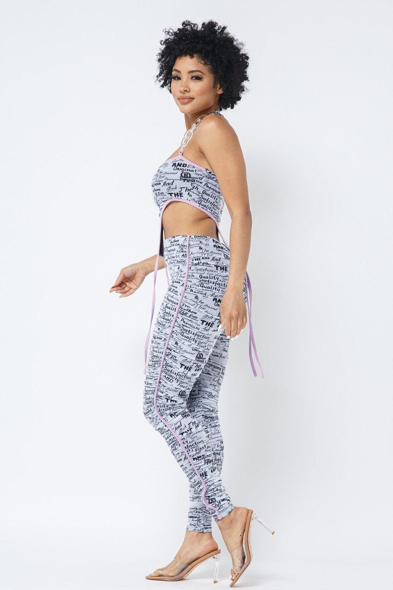 Mesh Print Crop Top With Plastic Chain Halter Neck With Matching Leggings | Mixtshop LLC