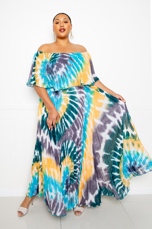Tie Dye Off Shoulder Pleated Maxi Dress | Mixtshop LLC