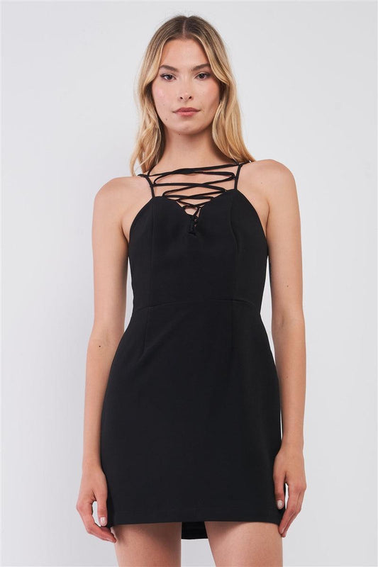 Black Slim Fit Sleeveless V-neck Front Corset Inspired Tie-up Detail Cocktail Mini Dress | Mixtshop LLC
