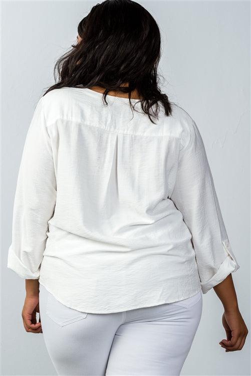 Plus Size Oatmeal Stand-up Collar Roll Tab Sleeve Blouse | Mixtshop LLC