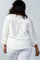 Plus Size Oatmeal Stand-up Collar Roll Tab Sleeve Blouse | Mixtshop LLC