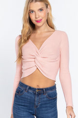 V-neck Front Knotted Crop Sweater | Mixtshop LLC