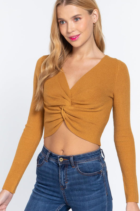 V-neck Front Knotted Crop Sweater | Mixtshop LLC