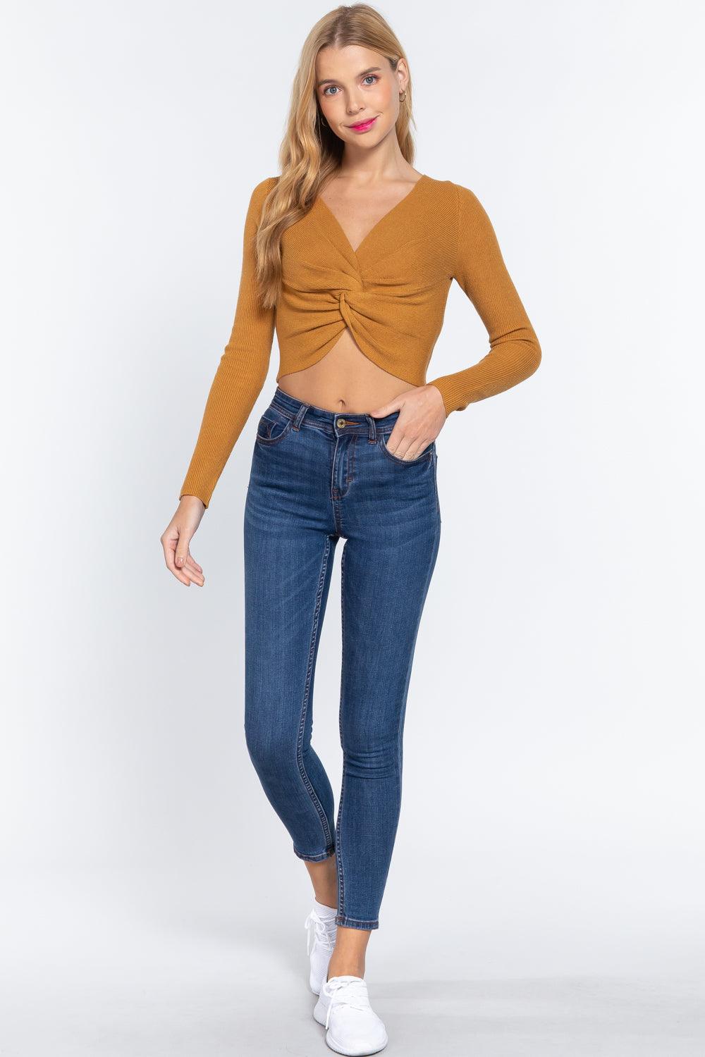 V-neck Front Knotted Crop Sweater | Mixtshop LLC