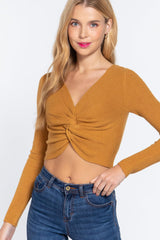 V-neck Front Knotted Crop Sweater | Mixtshop LLC