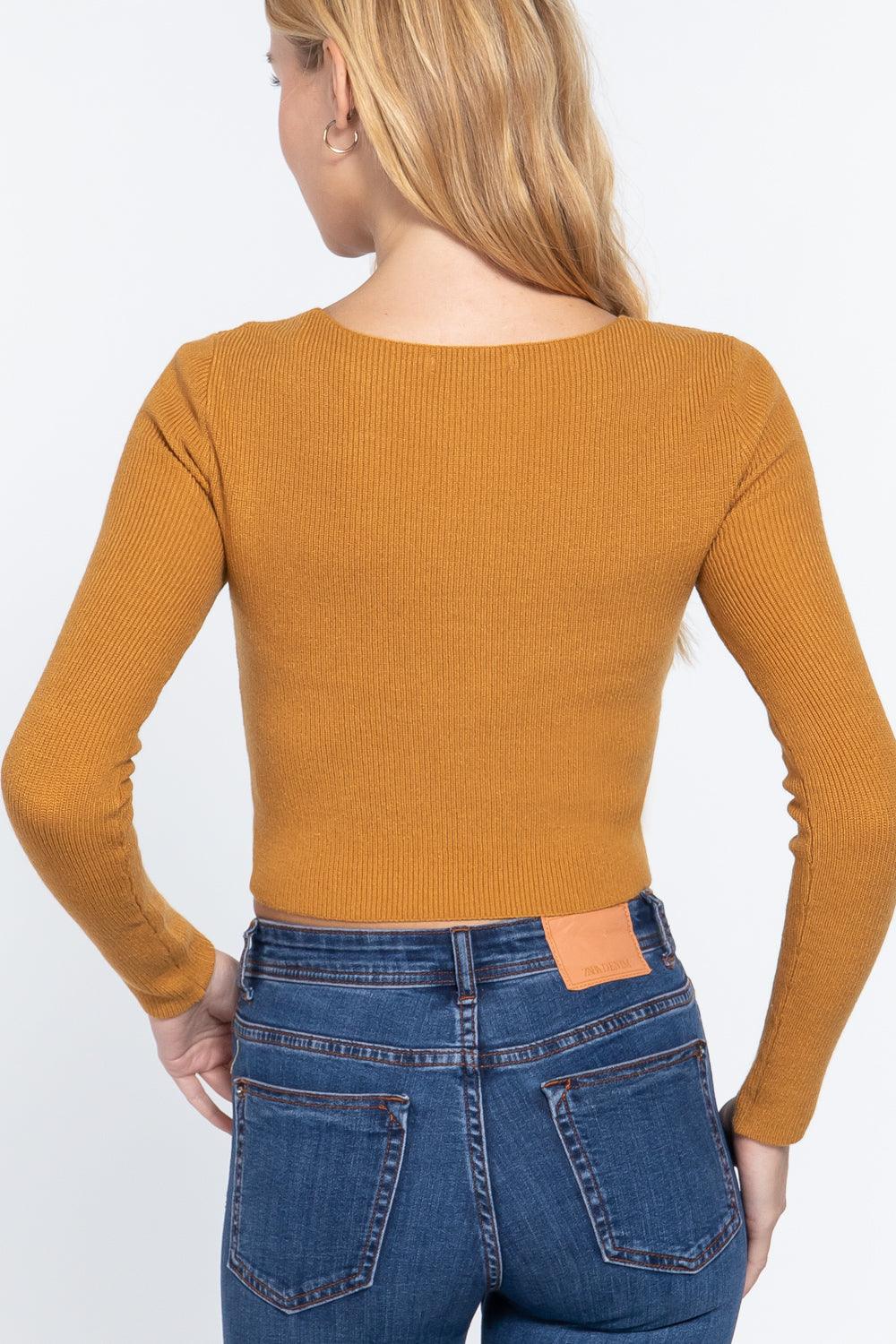 V-neck Front Knotted Crop Sweater | Mixtshop LLC