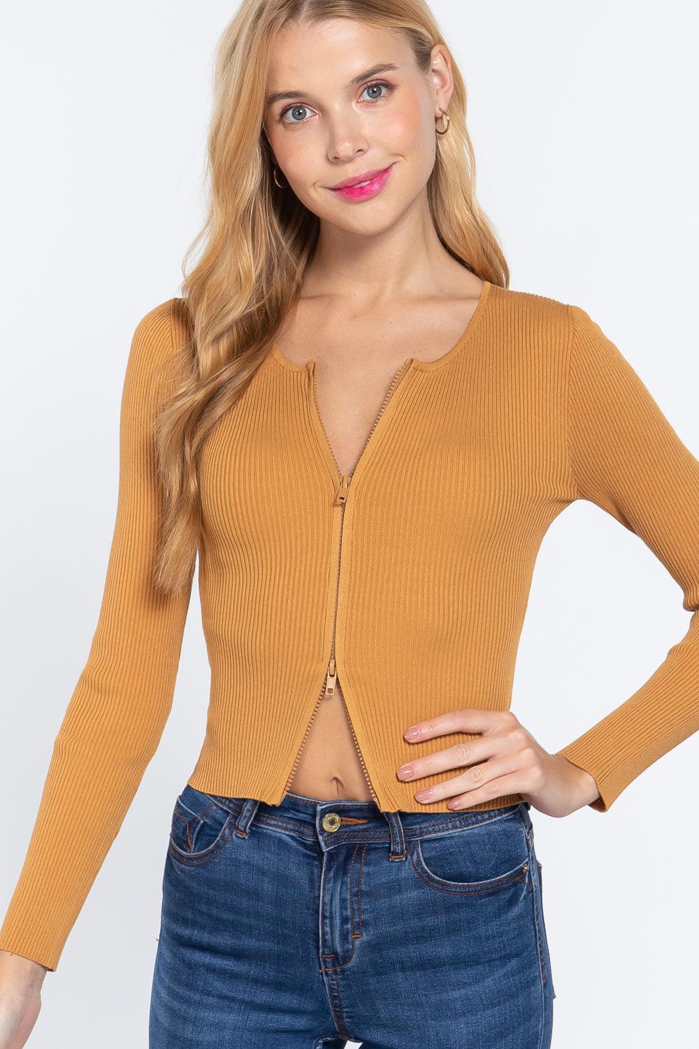 Rib Sweater Top W/front Zipper | Mixtshop LLC