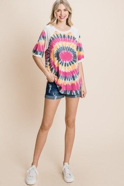 French Terry Tie Dye Printed Casual Mini Bubble Sleeves Tunic Top | Mixtshop LLC