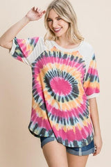 French Terry Tie Dye Printed Casual Mini Bubble Sleeves Tunic Top | Mixtshop LLC