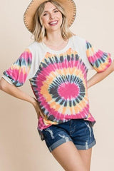 French Terry Tie Dye Printed Casual Mini Bubble Sleeves Tunic Top | Mixtshop LLC