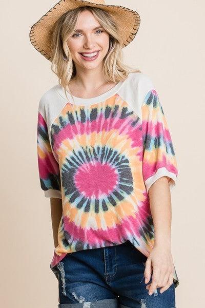 French Terry Tie Dye Printed Casual Mini Bubble Sleeves Tunic Top | Mixtshop LLC