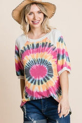 French Terry Tie Dye Printed Casual Mini Bubble Sleeves Tunic Top | Mixtshop LLC