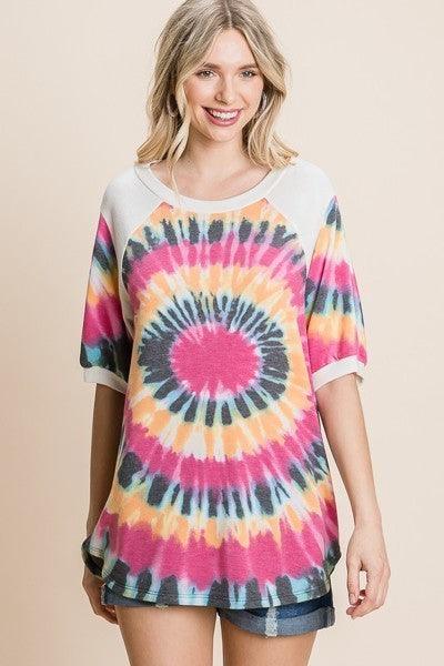 French Terry Tie Dye Printed Casual Mini Bubble Sleeves Tunic Top | Mixtshop LLC