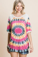 French Terry Tie Dye Printed Casual Mini Bubble Sleeves Tunic Top | Mixtshop LLC
