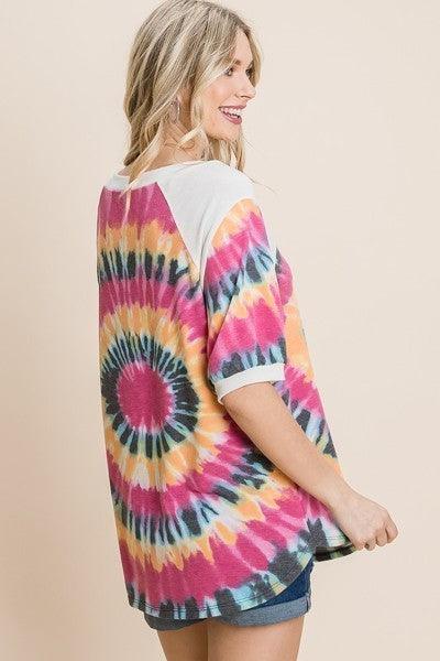 French Terry Tie Dye Printed Casual Mini Bubble Sleeves Tunic Top | Mixtshop LLC