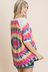 French Terry Tie Dye Printed Casual Mini Bubble Sleeves Tunic Top | Mixtshop LLC