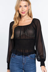 Long Slv Smocked Chiffon Top | Mixtshop LLC
