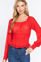 Long Slv Smocked Chiffon Top | Mixtshop LLC