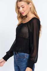 Long Slv Smocked Chiffon Top | Mixtshop LLC