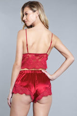 2 Piece. Lace Detail Croptop, Adjustable Straps And Satin With Inseam Lace Shorts | Mixtshop LLC
